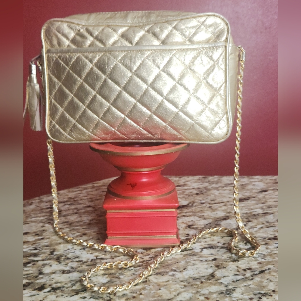 Gold Quilted Chain Bag w/ Tassel